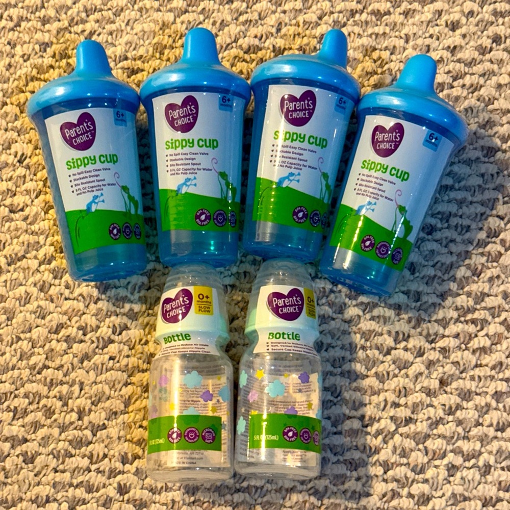 Parent's Choice Lot of 6 New Sippy cups and Baby feeding bottles